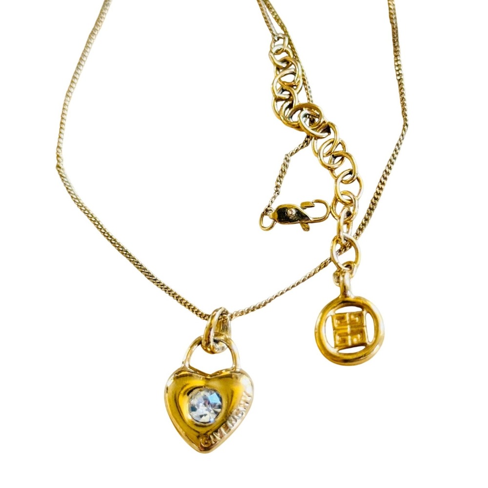 Givenchy Heart Logo Necklace Crystal Rhinestone Gold Plated 1990s 18" VTG